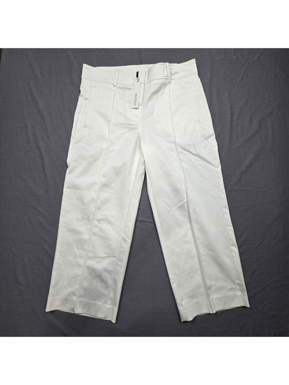 Chicos Size 12 Cropped Pants White Cotton Blend Stretch Pockets Mid Rise Crop